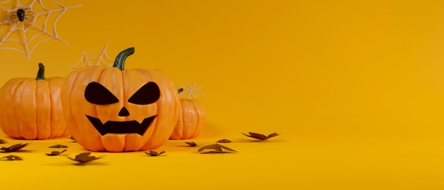 Halloween decoratie pompoen lampen versierd op gele achtergrond 3d-rendering 3d illustratie