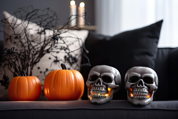 Foto halloween-decoraties in de woonkamer met de pompoenkaarsen van de bankschedel generatieve ai