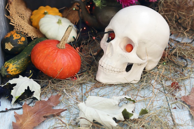 Halloween decoraties schedel pompoenen bladeren en bessen verlichting op een houten oppervlak