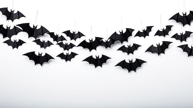 Halloween and decoration concept black paper bats flying over white background