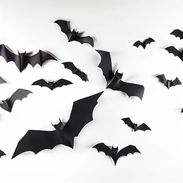 ハロウィーンと装飾のコンセプト 白い背景の上を飛ぶ黒い紙のコウモリ
