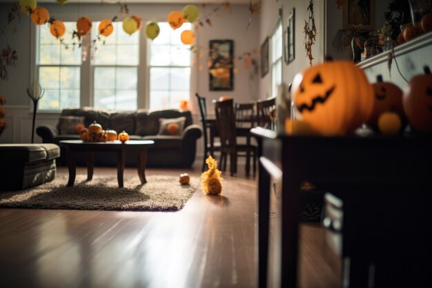 Halloween decoration in house living room interior