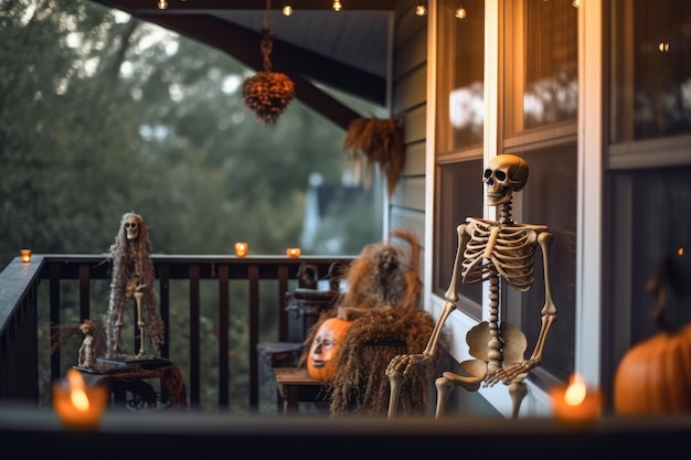 Halloween decoration in house porch and backyard