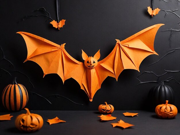 halloween decoration Orange color flying paper bat on black background