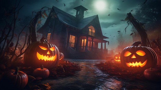 Halloween decoration with burning pumpkins outside a horror and mysterious house Generative AI