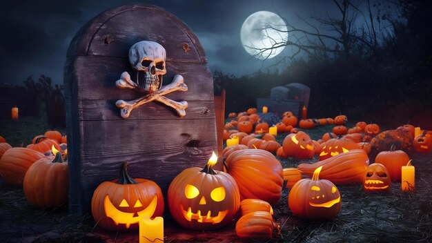 Halloween decoration with grave and pumpkins