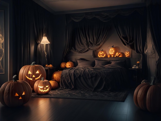 Halloween decoration with pumpkin on dark room