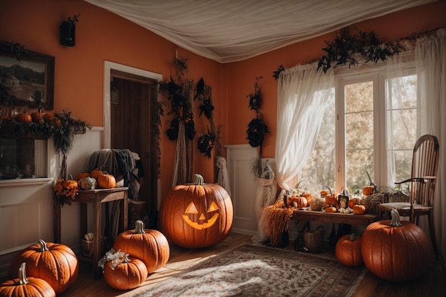 Halloween decoration with pumpkins and candles in living room at home