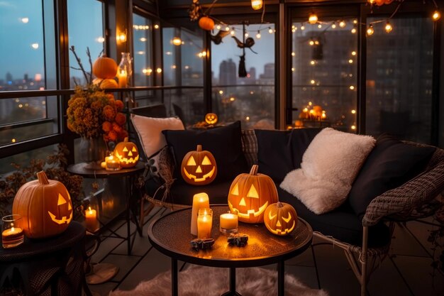 Premium AI Image | Halloween decoration with pumpkins and candles ...