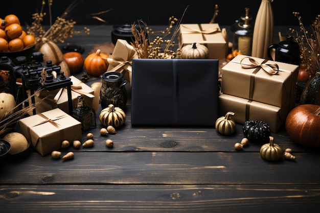 Halloween decoration with pumpkins and gift boxes on black wooden background