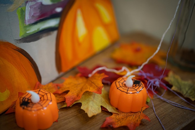 Halloween decorations background Halloween Scary pumpkin head on wooden table Halloween holiday