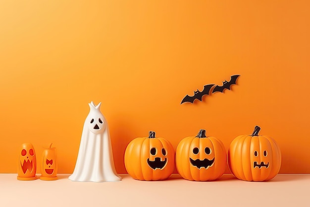オレンジ色の背景にハロウィーンの装飾コウモリと幽霊のモックアップ