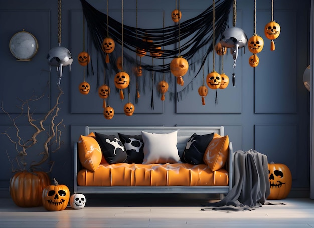 украшения для Хэллоуина, свисающие со стены, а за ними - черная стена.