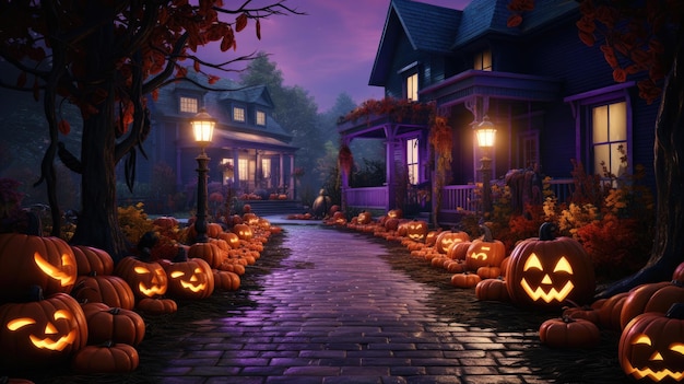 Хэллоуинские украшения для дома, включая тыквы и фиолетовые струнные огни Generative Ai