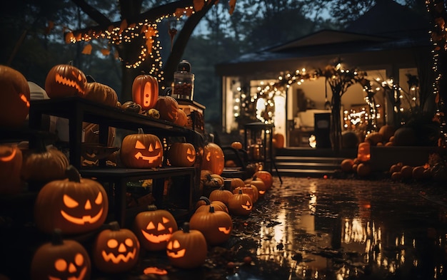 写真 現代の家の外のハロウィーンの装飾