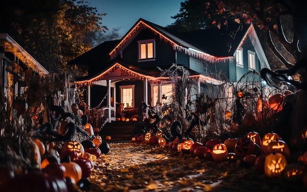 Halloween decorations outside a modern house