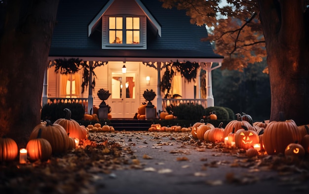 Halloween decorations outside a modern house