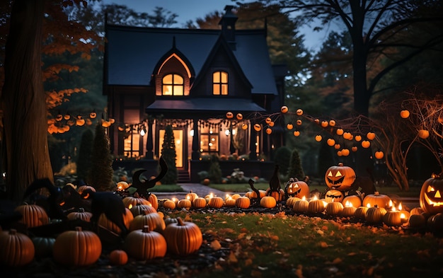 Halloween decorations outside a modern house