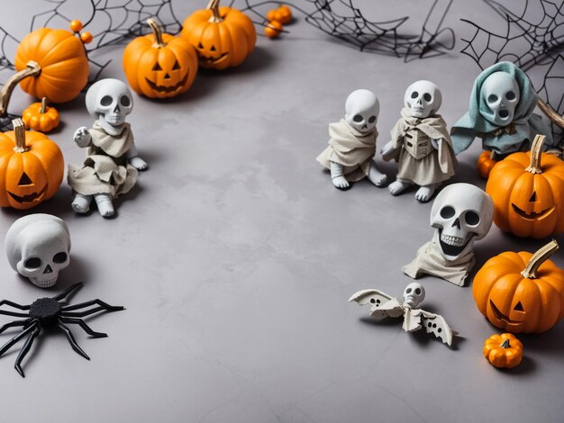 Halloween decorations on pastel gray background halloween concept flat lay top view copy space