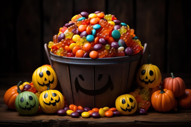 Halloween decorations and pumpkins trick or treat bucket ai generated