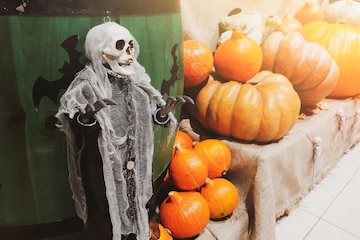 Premium Photo | Halloween decorations skeleton and fresh pumpkins ...