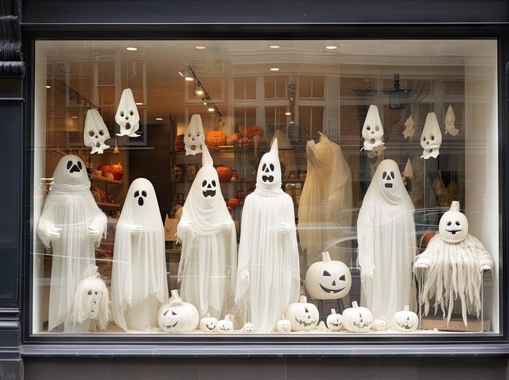 halloween decorations in a store window with ghost heads and ghosts behind the shopfronts are white black and orange
