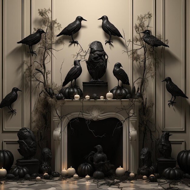 Premium AI Image | halloween decorations with black ravens and ...