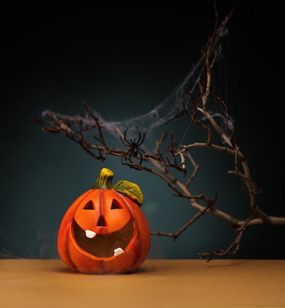 Halloween decorations with Funny Pumpkin, spider and spider web, on a dark background. Halloween party concept.