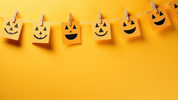 Halloween decorations with pumpkins on a yellow background