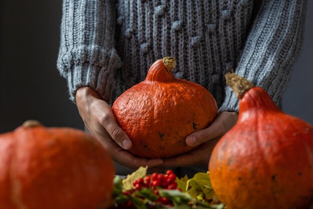 Halloween decorations a woman in a gray sweater holding orange pumpkins autumn concept with a