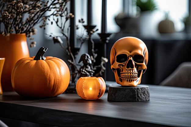 Photo halloween decorative composition of skull pumpkins candles on shelf in cozy living room close up