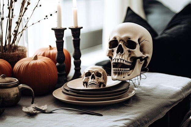 Halloween decorative composition of skull pumpkins candles on shelf in cozy living room close up