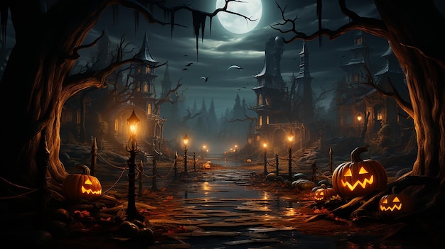 Halloween design Forest pumpkins Horror background with autumn valley with woods spooky tree