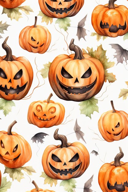 halloween detailed pumpkins and ghosts bats white background pro vector seamless patterns wate