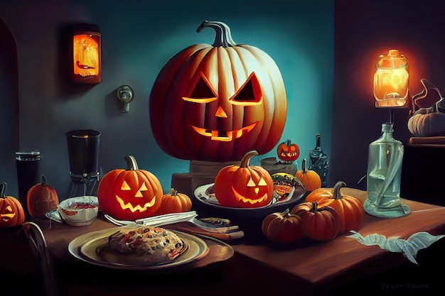 Halloween diner party with carved pumpkin concept art illustration