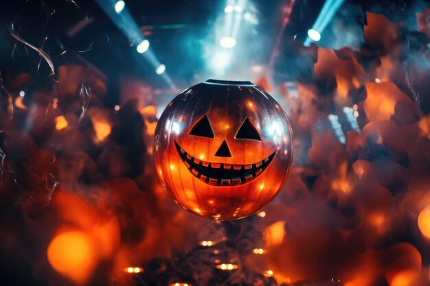 Halloween disco met pompoenen op een spiegelbal gevuld met rook en abstracte lichten
