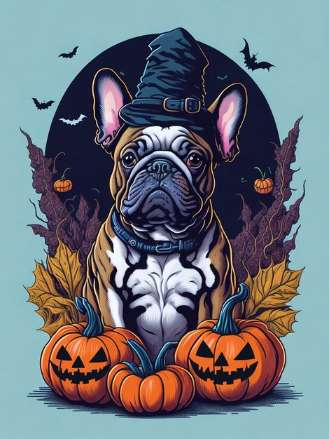 Хэллоуин собака французский бульдог иллюстрация дизайн футболки ai генеративный