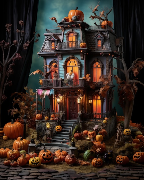 Halloween doll house with pumpkins