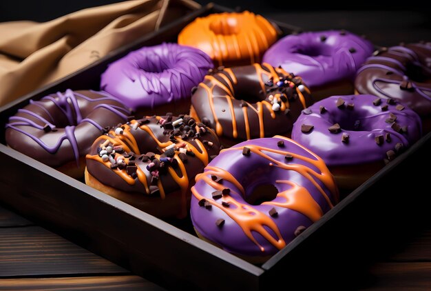 Photo halloween donuts in the wooden black plate