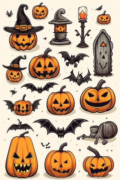 Halloween Doodle Delights A Festive Set of Pumpkin Witch Bat and More on a White Background