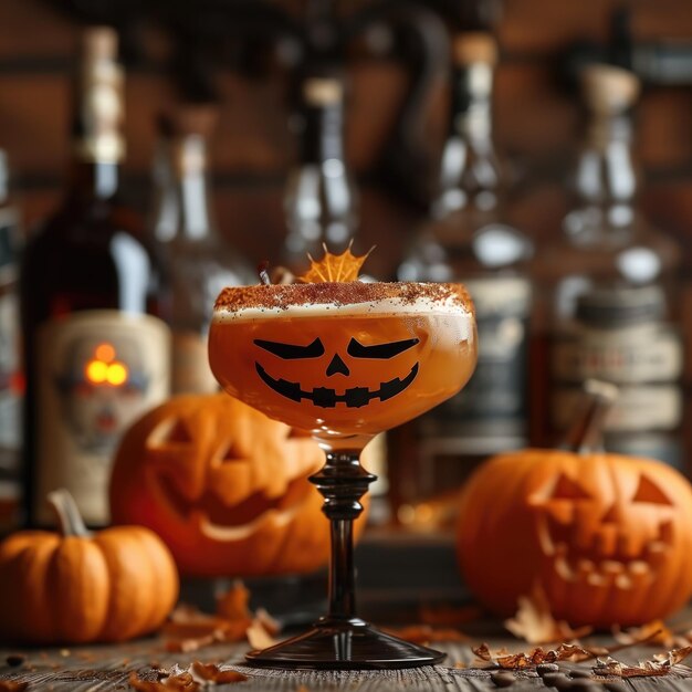 Halloween drankje in een glas met pompoen gezicht amber stemware