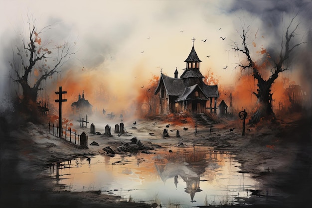 halloween eerie scene with haunted castle wallpaper illustration