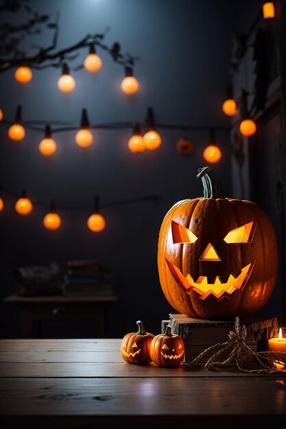 halloween empty wooden table blurred light background