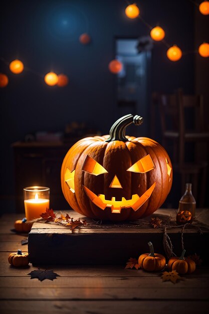 halloween empty wooden table blurred light background