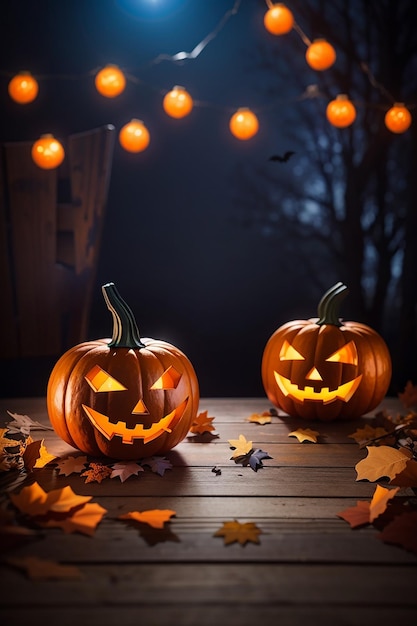 Halloween empty wooden table blurred light background