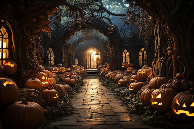 halloween enchanted forest path with jack o'lanterns AI generated