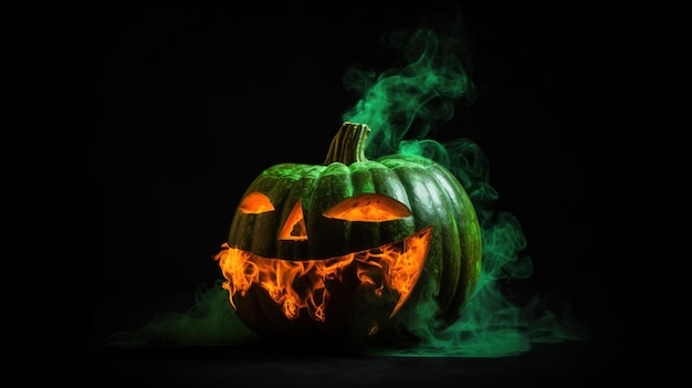 Halloween enge pompoen in groene vuur zwarte achtergrond AI gegenereerd