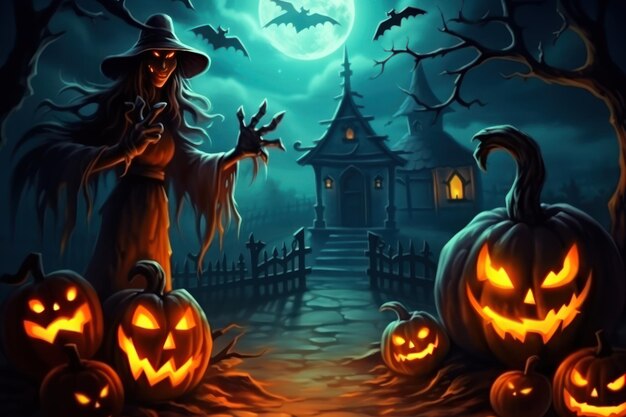 Halloween Event Happy Halloween Halloween spookachtige achtergrond angstaanjagende pompoenscene Generatieve AI