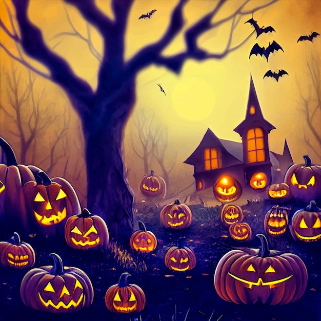 Halloween evil pumpkin in the forest on halloween night illustration, halloween pumpkin illustration