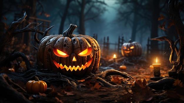 halloween evil pumpkin at night with glowing candle eyes horror